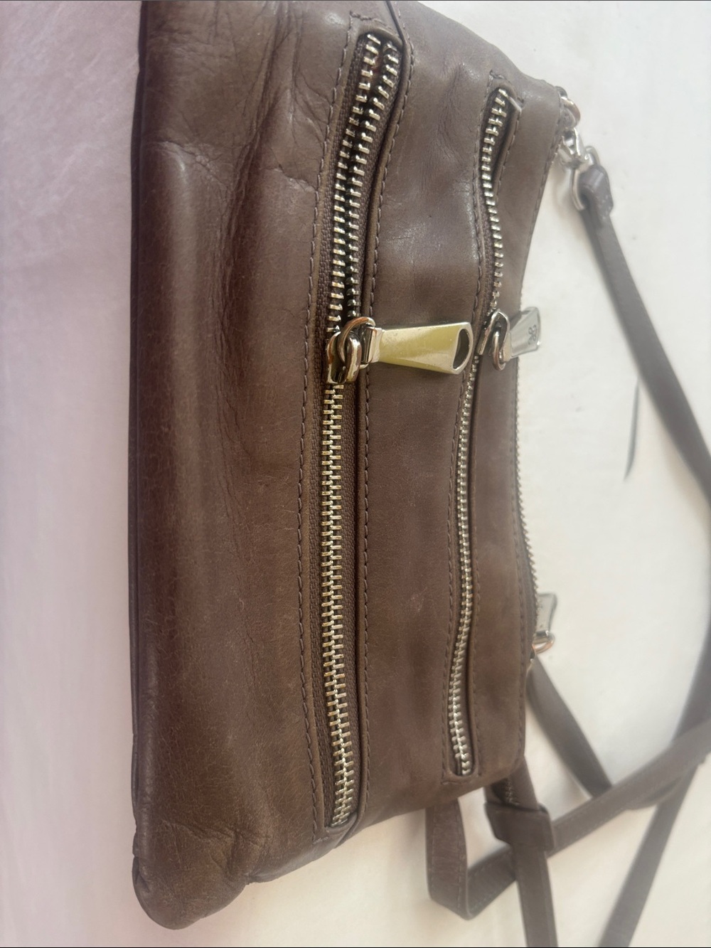 HOBO Tan Leather Interior Wristlet with Floral Lining and Gold Trim
